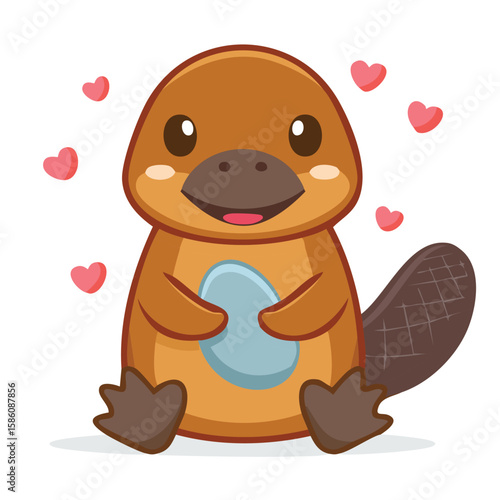 Cute platypus holding a pebble flat vector