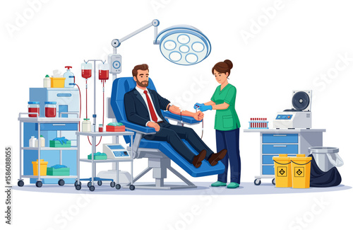Illustration of a man in a suit at a blood drive in a clinic assisted by a nurse. Public health campaigns and blood donations. Executive Donating Blood in a Modern Clinic. Transparent background.