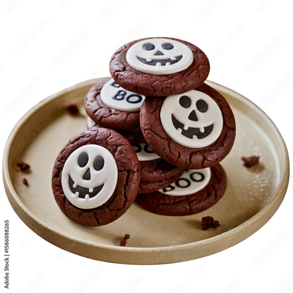 Obraz premium A set of Dark Chocolate Cookies with White Fondant Halloween Faces Arranged on a Beige Ceramic Plate- PNG Background