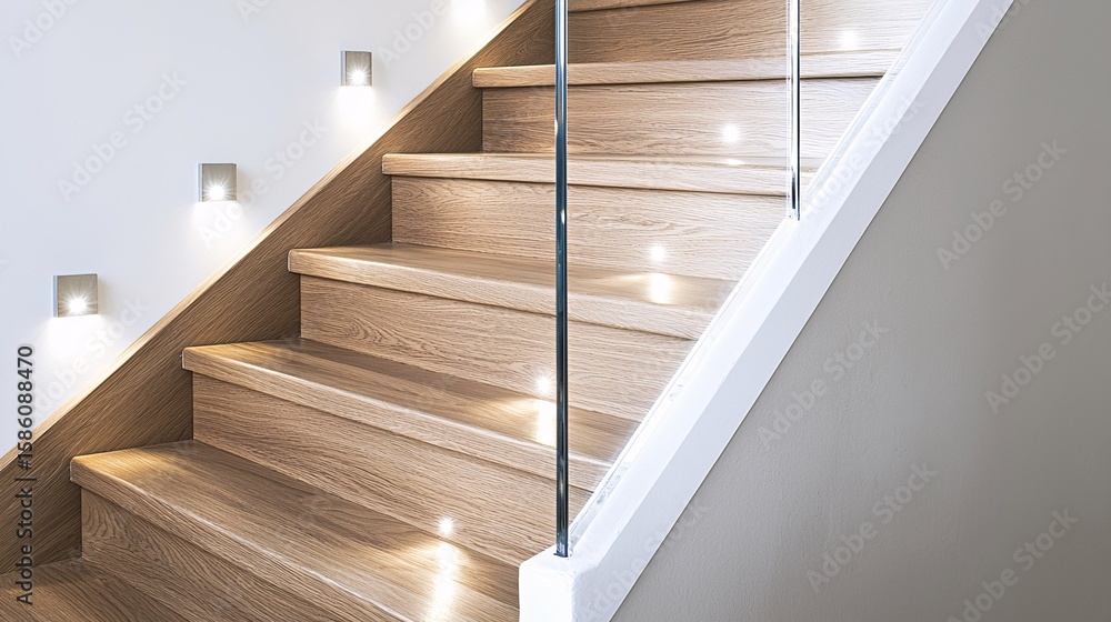 Obraz premium interior detail of narrow staircase with smooth oak steps and low-profile lighting beneath each riser, framed with clear tempered glass oak wood staircase design lighting detail modern minimalist 