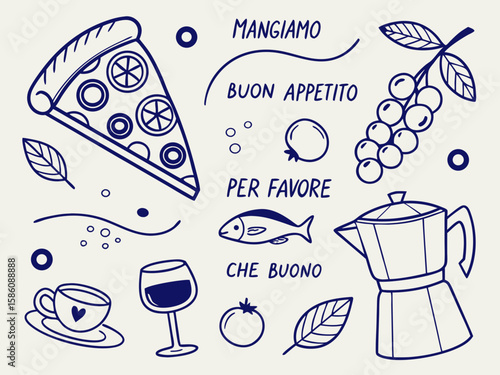 Pizza, wine, espresso maker, and lemon icons drawn in rustic Italian hand-drawn style with charcoal textures for menus, placards, and creative summer culinary event branding.

