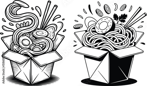 Takeout Noodles Box Illustration, Asian Food Silhouette with Chopsticks.

