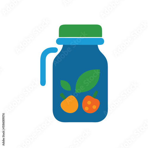 Blue jar with green lid handle featuring orange fruits green leaves vector