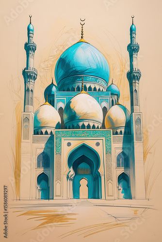 Grand Mosque Complex with Multiple Teal Domes