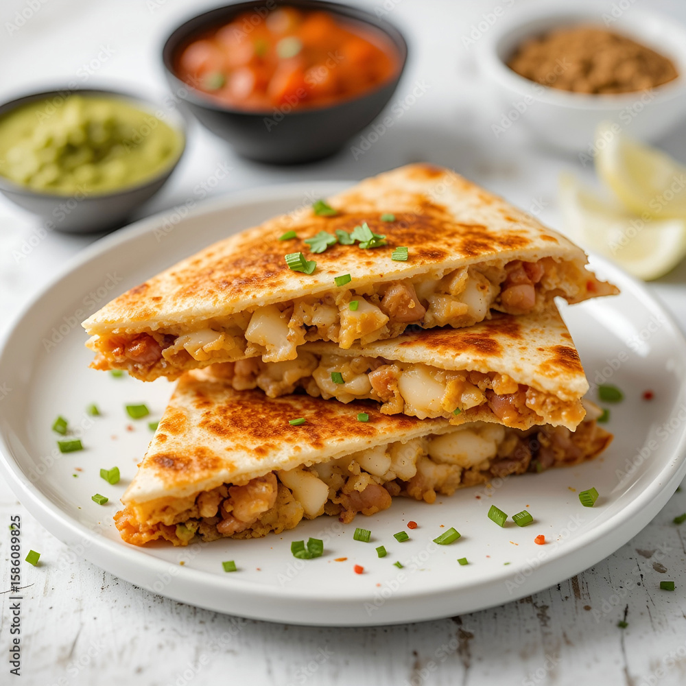 Gourmet Tex-Mex chicken quesadilla on a white background, featuring melted cheese, grilled chicken. Gourmet Tex-Mex chicken quesadilla on a white background, featuring melted cheese, grilled chicken.