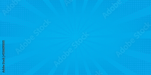 Comic background. Pop art texture. Starburst cartoon style. Anime design with explosion effect for print. Fun dot pattern. Blue backdrop with halftone gradient.