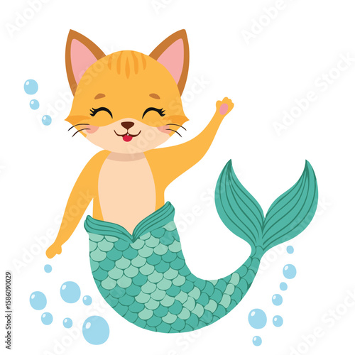 Cute mermaid cat waving tail flat vector