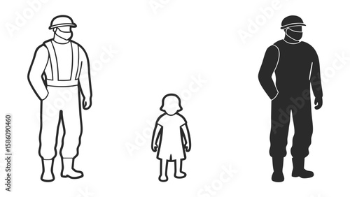 Person wearing hard hat and overalls outline and silhouette with child vector