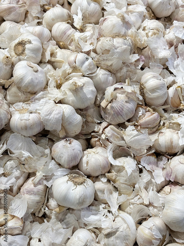 A pile of white garlic bulbs, being sold in a supermarket.