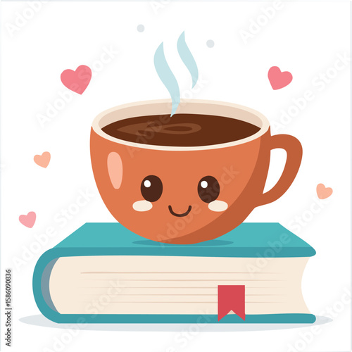 Cute book and coffee cuddling flat vector