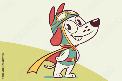 Cartoon dog wearing aviator helmet and cape mascot