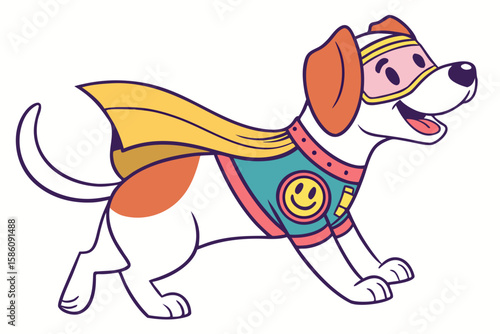 Cartoon dog superhero with yellow cape and smiley face