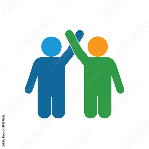 Two stylized figures high fiving with blue green orange colors on people team