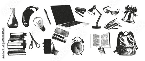 Halftone stipple education elements set. Laptop, briefcase, lamp, books, paints, scissors,bell, alarm clock, book in hand. Grunge punk dotted texture. Retro photocopy vector illustration.