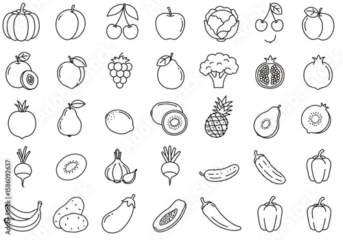 Collection of simple outline drawings of various fruits and vegetables