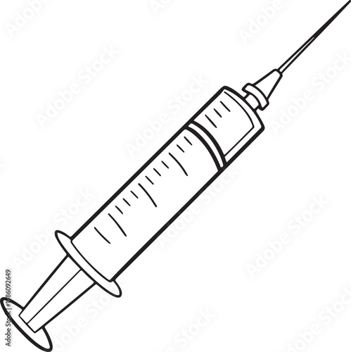 Simple black and white syringe vector illustrating a medical injection tool for healthcare purposes.