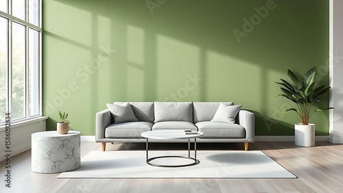 Modern living space with green accent wall, featuring contemporary furniture bathed in natural light.