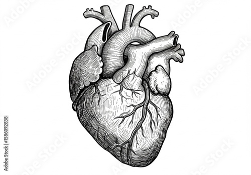 Detailed black and white illustration of a human heart with intricate shading and linework