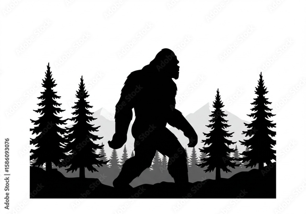 Silhouette of bigfoot walking through a dark forest with mountains in the background Silhouette of bigfoot walking through a dark forest with mountains in the background