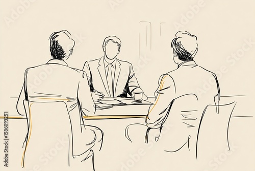 Mediator sitting at a desk with lawyers discussing, line drawing style, thick lines, cartoon explainer video style, generated image