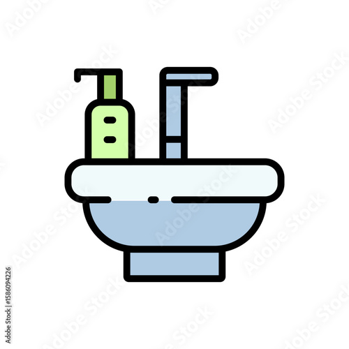 Sink and Hand Soap Color Icon. Home ceramic sink for toilet bathroom sign. Wash, Cleansing, Hygiene Concept. Isolated Flat Vector Illustration.