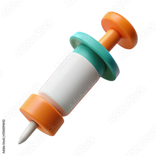 3d Stylized medical syringe with orange and teal accents isolated on transparent background