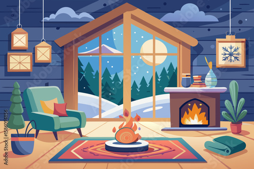 Cozy Winter Cabin Interior with Fireplace