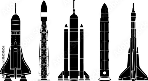 Collection of five distinct black silhouette rocket designs on a white background