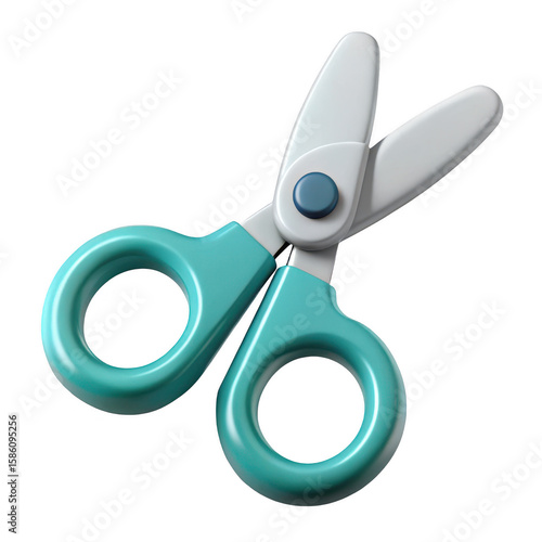 A 3d modern pair of teal and white scissors with a blue pivot isolated on transparent background