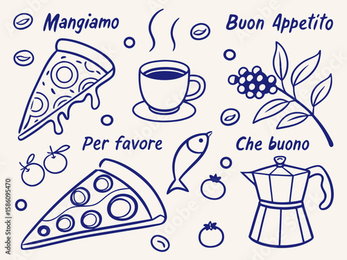 Hand-drawn Italian food and drink doodle set featuring pizza, wine, espresso maker, grapes, and pasta in grunge chalk sketch style for restaurant menus, cafe posters, and vacation decor.

