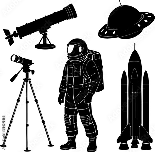 Astronaut spacewalk exploration and astronomical observation with spaceship and ufo