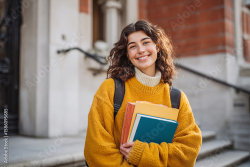 Smiling student stands on steps holding books outside an academic building during sunny autumn afternoon