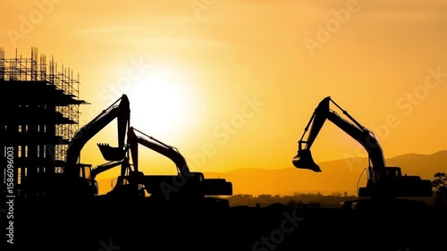 The silhouette of excavators stand against a vibrant orange sunset at a construction site, symbolizing progress and development