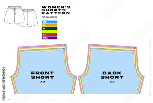 Women’s shorts sewing pattern, vector technical flat design with front and back pieces, full sizes XS to XXL. Ideal for fashion, casualwear, and loungewear projects