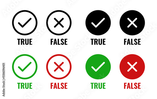 True and false symbols with check marks and crosses inside circles in black, green, and red styles, representing correct and incorrect answers or validation states