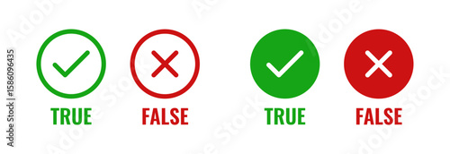 True and false symbols with check marks and crosses inside circles in green, and red styles, representing correct and incorrect answers or validation states