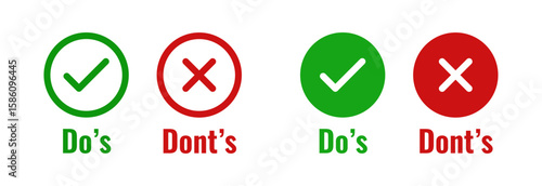 Do’s and don’ts check and cross icons with green and red circular design, representing guidance, rules, permission, prohibition, or best practices