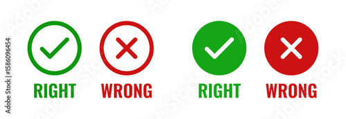 Right and wrong symbols with check and cross marks in green, and red circular icons, representing correctness, mistakes, validation, or error indication