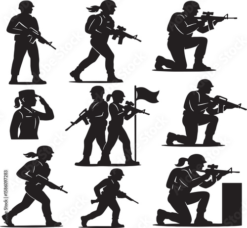 Silhouette Soldiers Running And Fighting Vector Illustrations