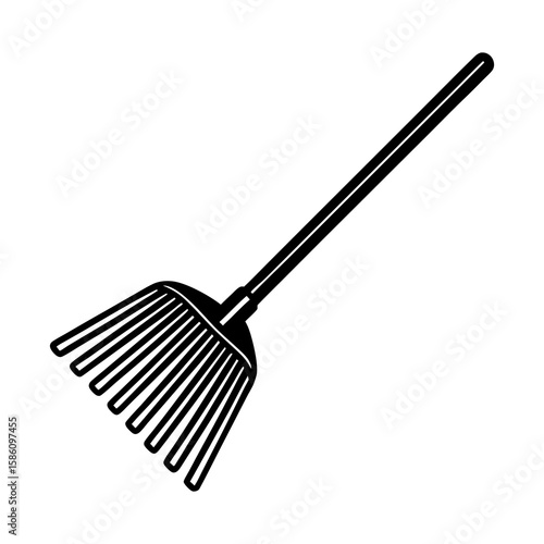 Find black and white vector graphic of a leaf rake for yard work and garden cleanup illustration