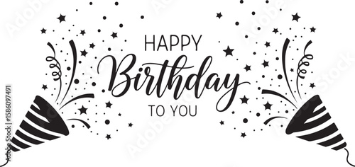 Vector art of happy birthday to you with confetti and party poppers