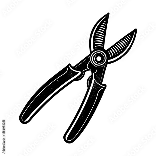 Illustration of garden pruners hand tool for pruning plants and shrubs in black and white style