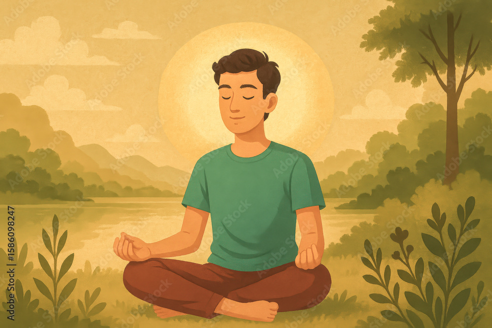 Fototapeta premium Cartoon-style illustration of a man meditating outdoors in a serene natural setting with sunlight and a calm, relaxed expression.