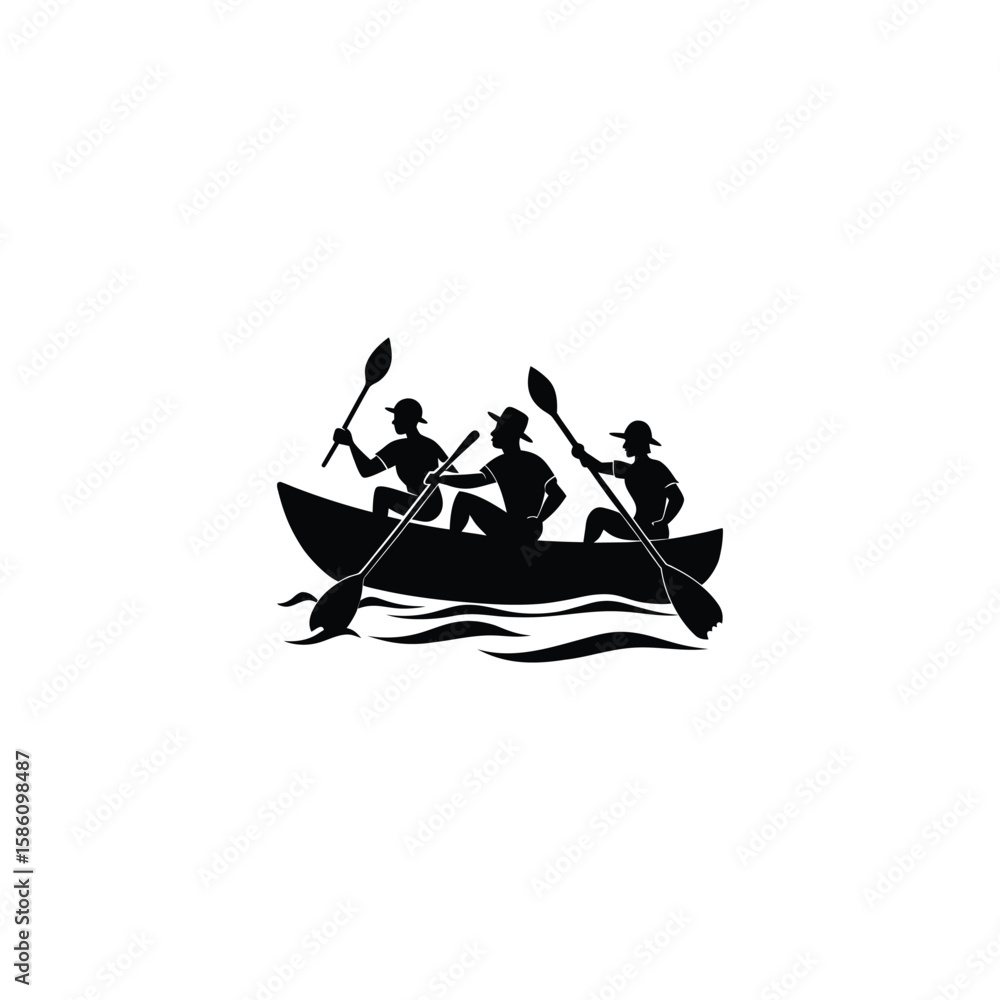 Naklejka premium Three people silhouetted in a canoe paddling together on water, isolated on a white background