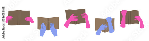 Hands holding open books vector illustration. Reading lovers, education and knowledge concept. Various people possess magazine set.