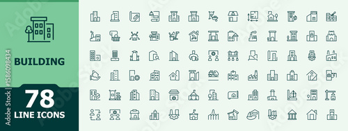 Building icon set. Minimal linear icons. Pixel perfect. Vector illustration. Real Estate icon set. Related to villa, estate, residential, construction, house, architecture and more.