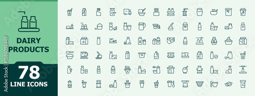 Dairy Products icon set. Minimalist linear icons. Dairy Foods icon set. Includes symbols for dairy, farming, beverage, dairy farm, dairy foods and more.