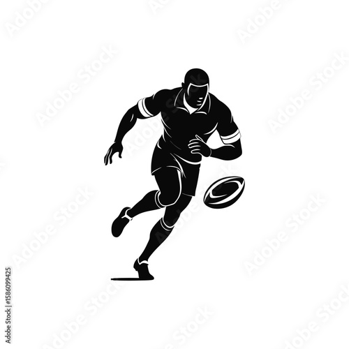 Rugby player in action with ball isolated on white background