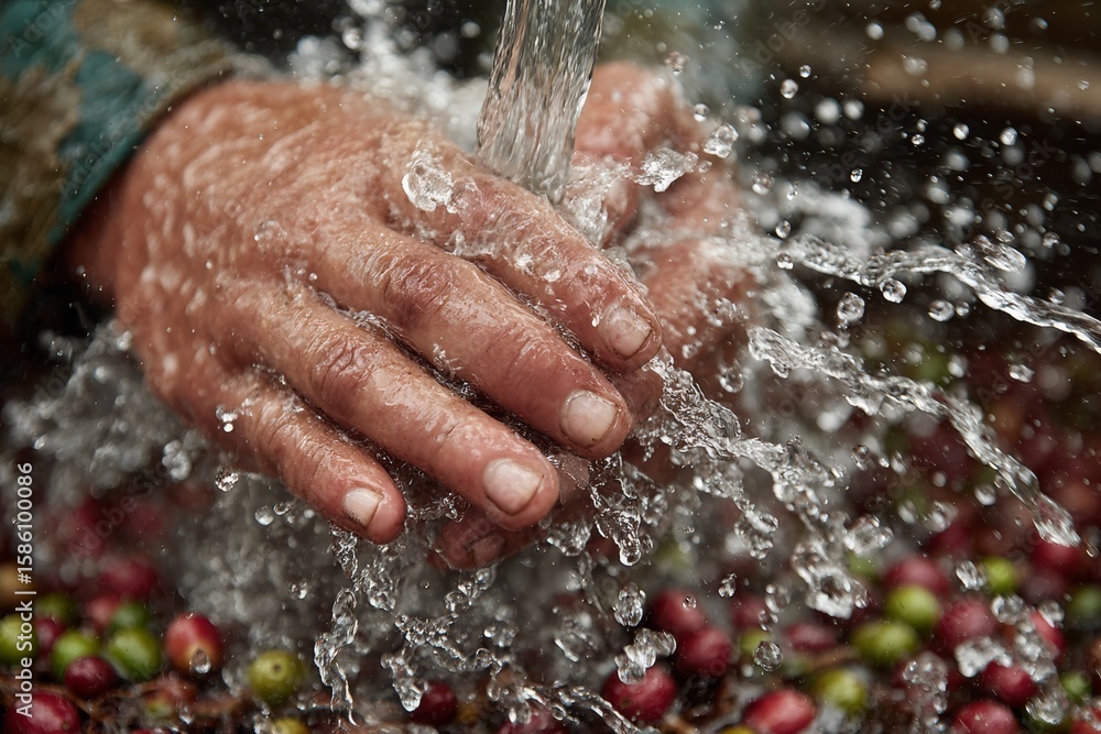 Fototapeta premium Hands Washing Freshly Harvested Coffee Cherries with Water