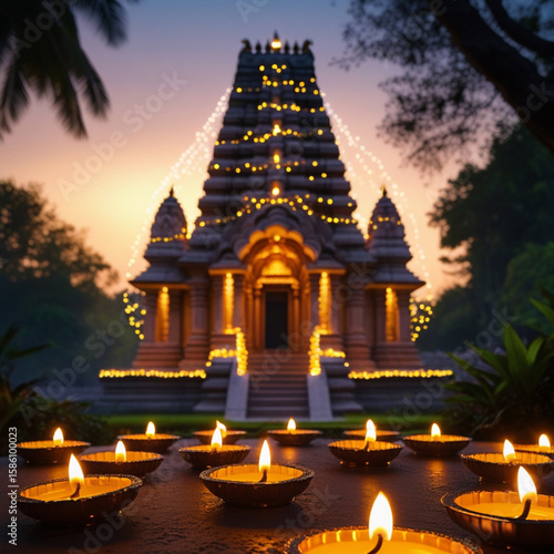 Illuminated diya lamps at sunset with temple and fairy lights in background
